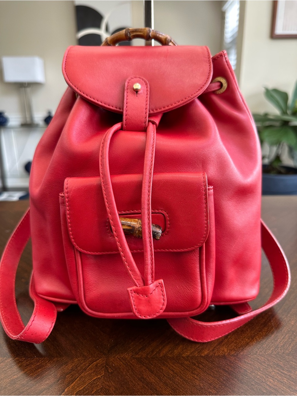 Gucci Red Leather Bamboo-Handle Drawstring Backpack - Picture 2 of 6